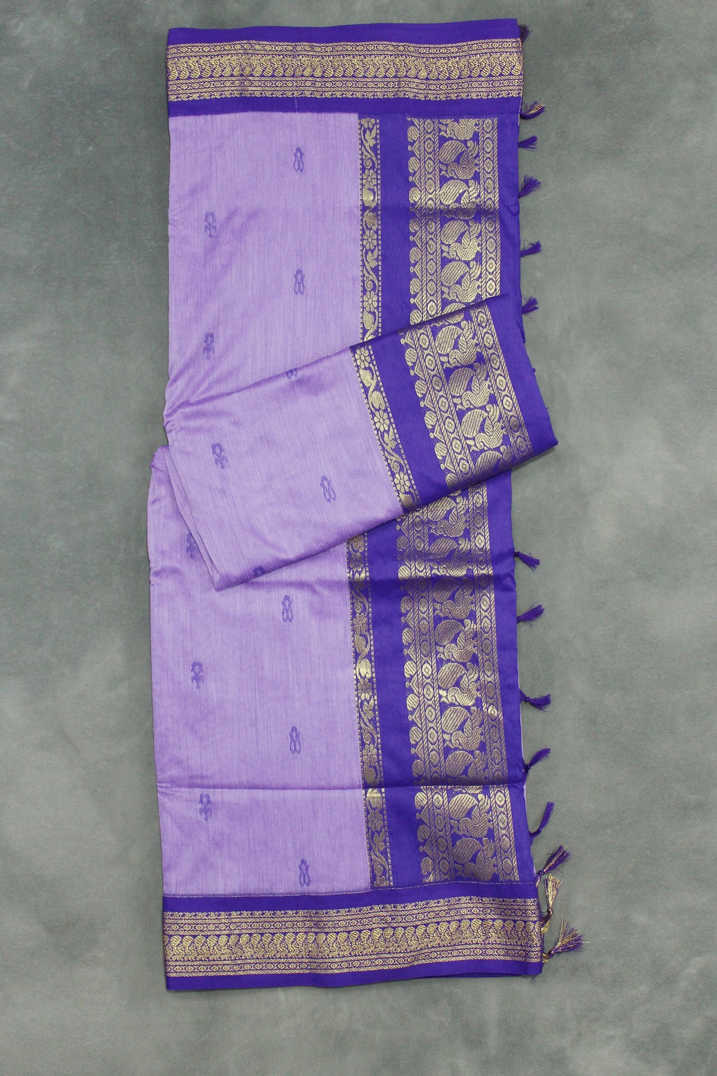 Lavender Kalyani Cotton Saree with Gold-Tone Zari Border, Putta Motifs and Tassel Pallu Saree JCS Fashions