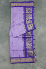 Lavender Kalyani Cotton Saree with Gold-Tone Zari Border, Putta Motifs and Tassel Pallu Saree JCS Fashions