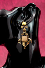 Antique Gold-Tone Dangling Ethnic Earrings with Cream Square Stone, Ornate Vintage Frame — 2.4 inch Drop Jewelry JCS Fashions