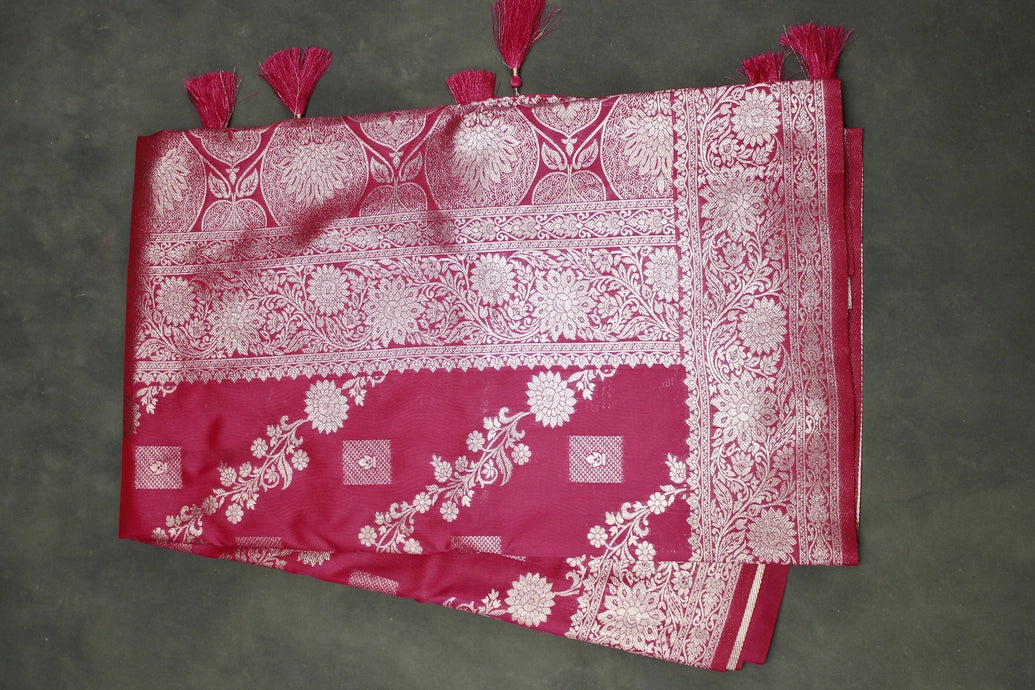 Pink Banarasi Soft Silk Zari Saree with Floral Motifs and Detailed Border, Tassels, Blouse Included
