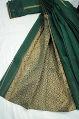 Dark Green Silk Cotton Saree with Zari Border and Matching Blouse