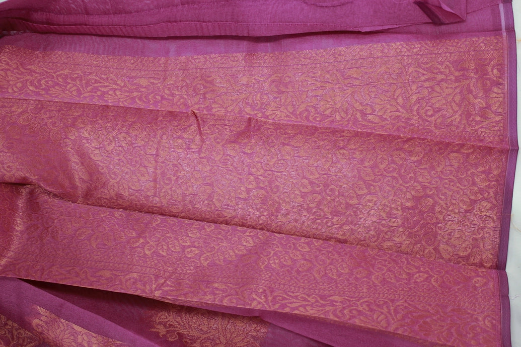 Purple Silk Cotton Saree with Zari Border and Blouse Piece, Border Less Look