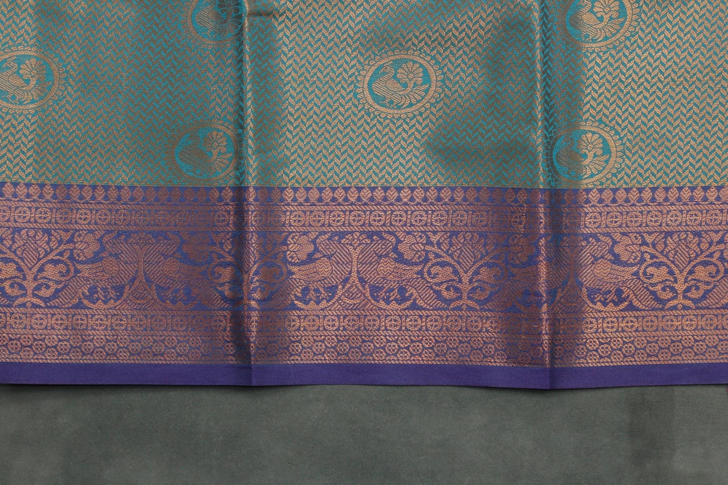Teal Bridal Kubera Pattu Style Cotton Saree with Full Zari Work and Contrast Purple Woven Border Saree JCS Fashions