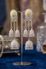 Silver-Finish Flower Stud Jhumka Earrings with Multicolor Crystal Stones and Filigree Dome Drop