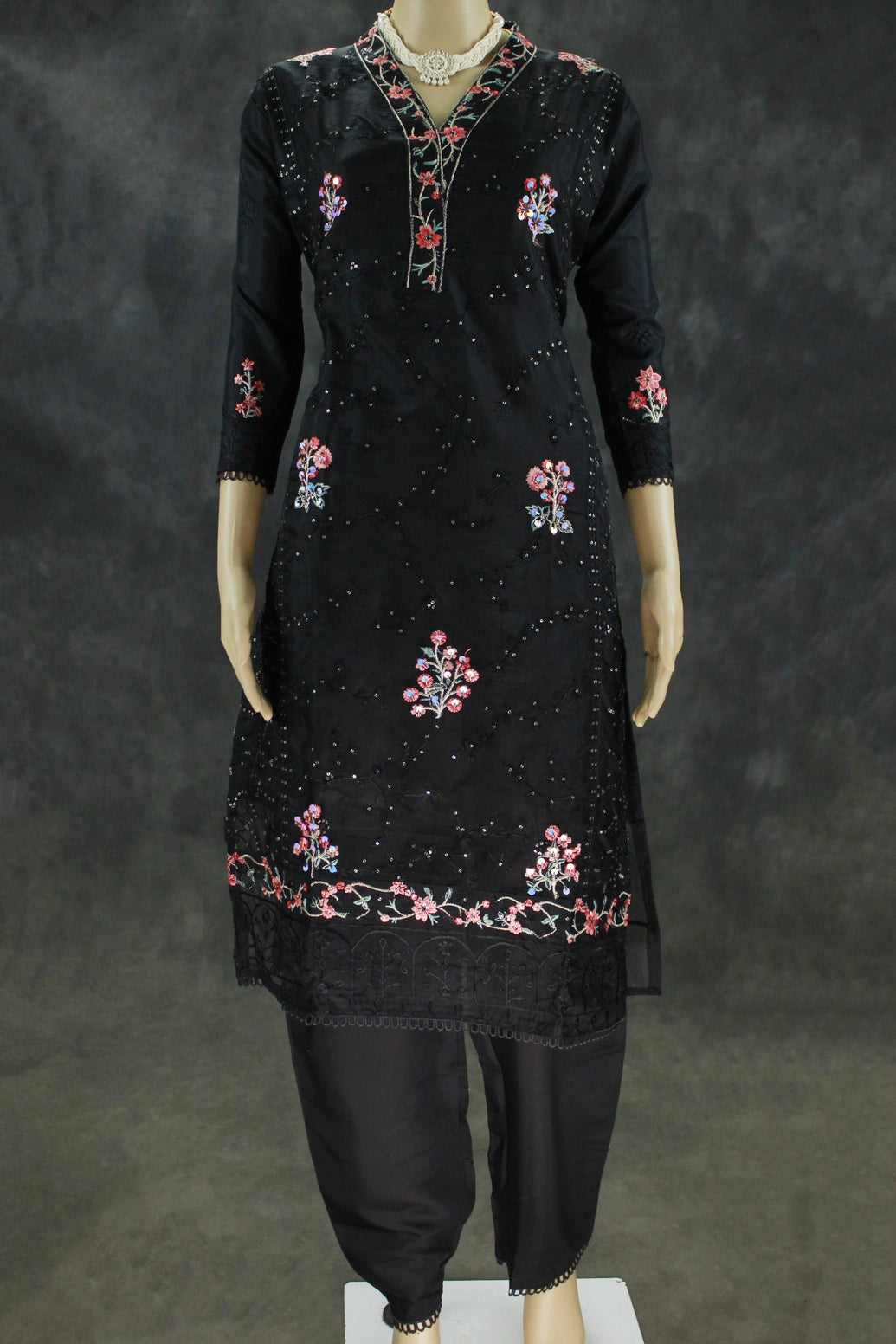 Black Organza 3-Piece Salwar Suit Set with Khatli Work Kurti, Roman Silk Bottom & Border Dupatta