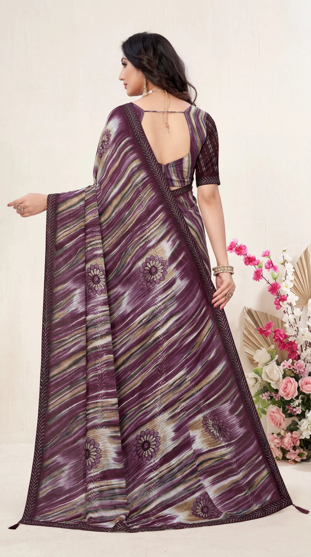 Purple Georgette Saree with Jasmin Zomato Print, Full Siroiski Work, Striped Pattern and Floral Border