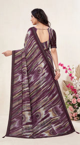 Purple Georgette Saree with Jasmin Zomato Print, Full Siroiski Work, Striped Pattern and Floral Border