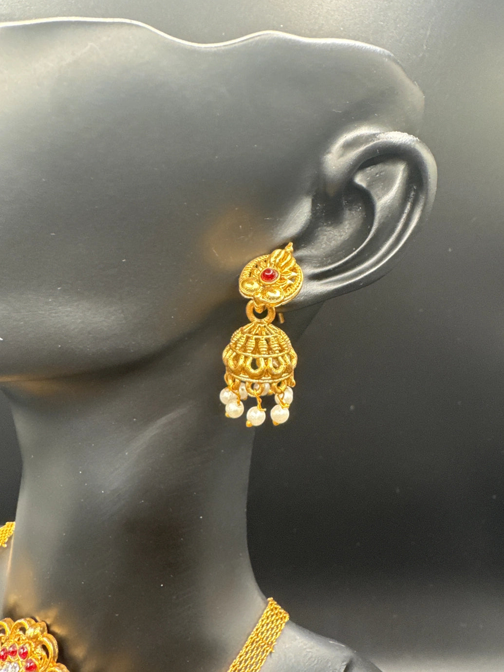 Gold-Tone Temple Choker Necklace Set with Red & Green Stones, Pearl Drops and Matching Jhumka Earrings Jewelry JCS Fashions