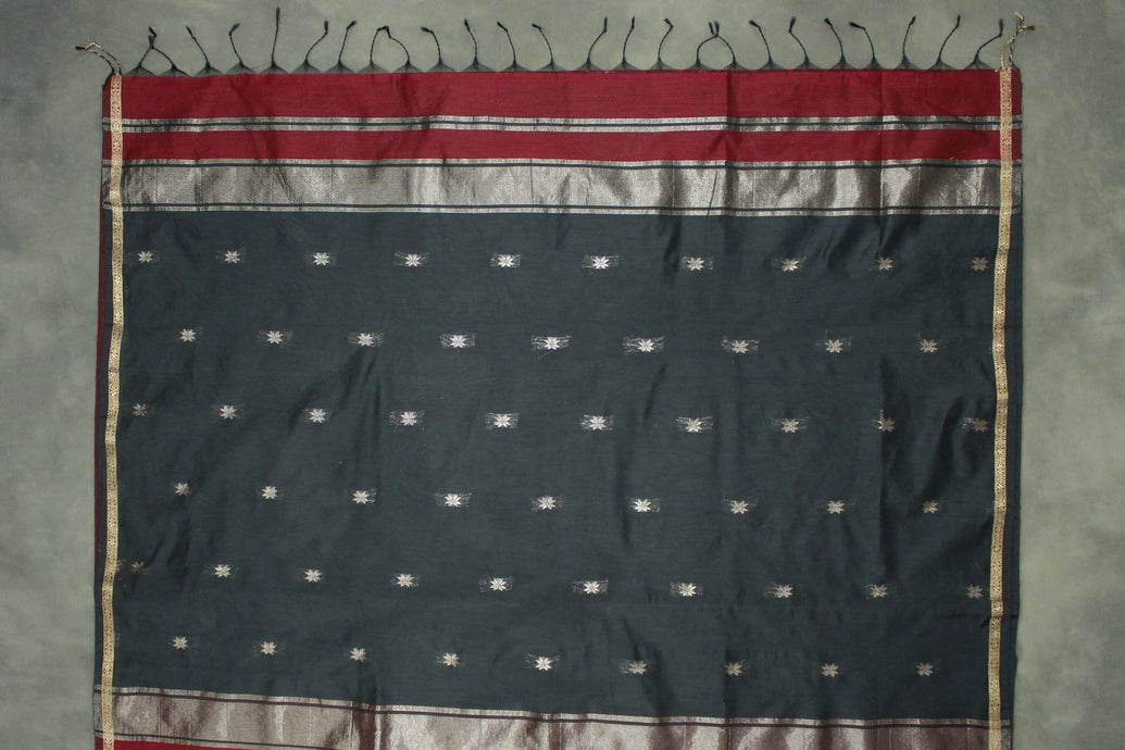 Maroon Maheswari Silk Cotton Saree with Small Butta and Zari Border, Blouse Piece Included