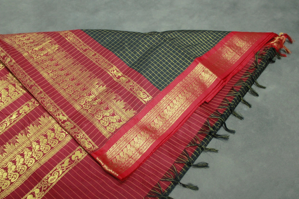 Black Kalyani Cotton Saree with Zari Checked and Peacock Border, Includes Blouse