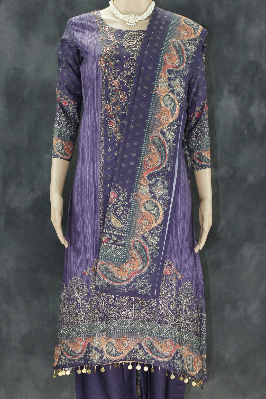 Violet Pakistani-Style 3-Piece Salwar Suit with Crepe Kurti, Cotton Dupatta & Coin Hangings