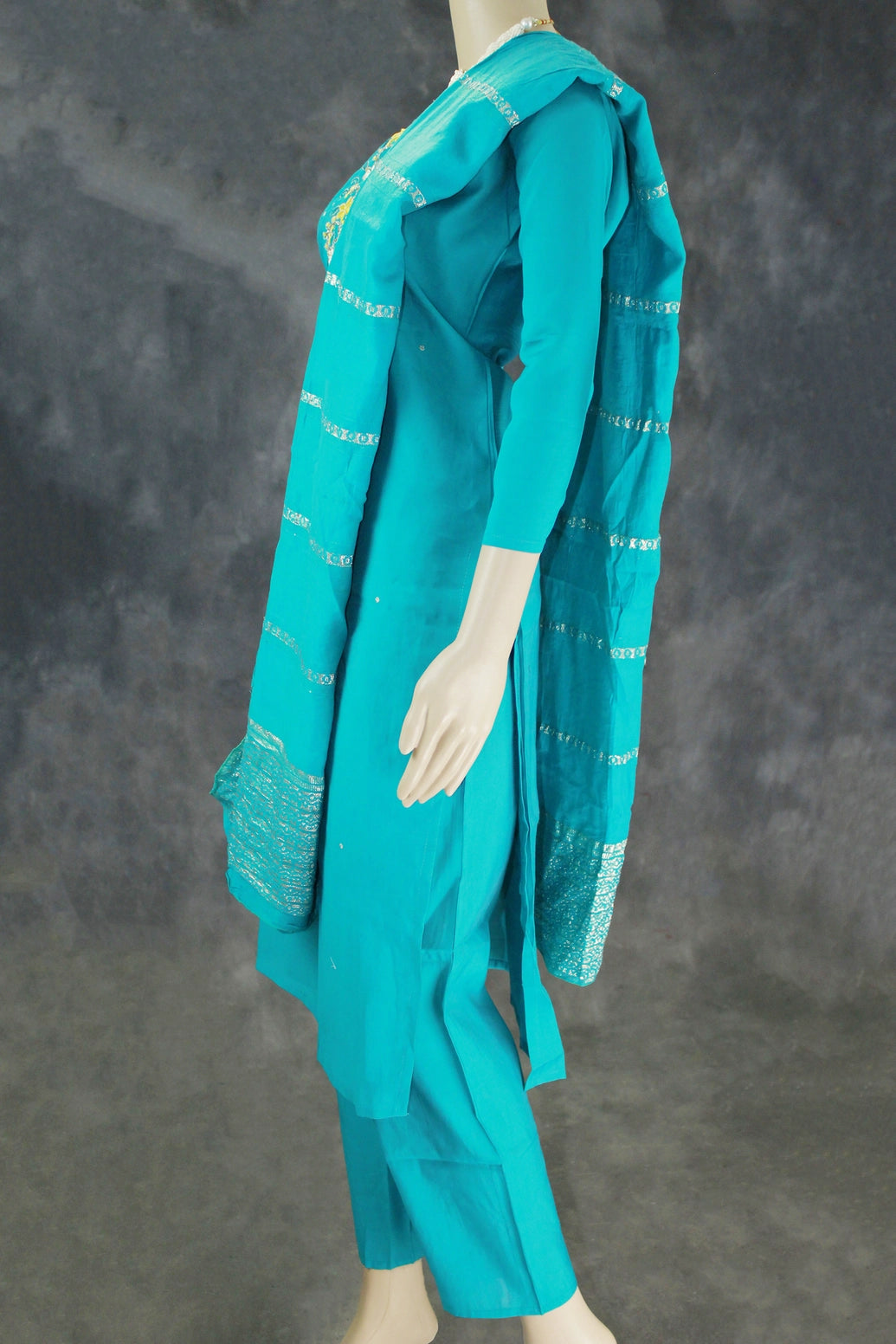 Teal Blue Roman Silk 3-Piece Kurta Set with Embroidered V-Neck and Dupatta