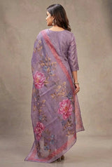 Lavender Roman Silk 3-Piece Kurta Set with Elastic Pant and Organza Digital Dupatta, Zari-Sequence Neck Design