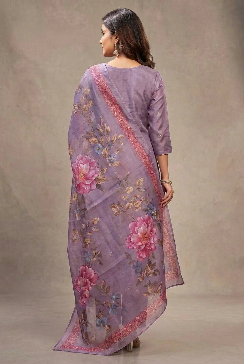Lavender Roman Silk 3-Piece Kurta Set with Elastic Pant and Organza Digital Dupatta, Zari-Sequence Neck Design