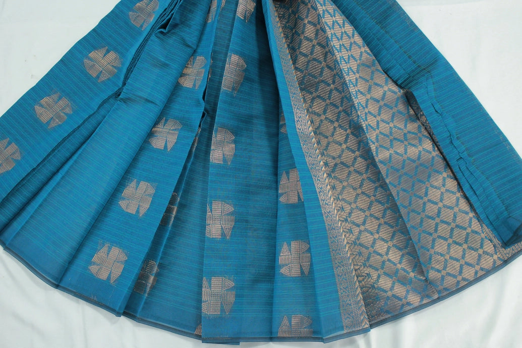 Peacock Blue Silk Cotton Saree with Zari Border, Borderless Design and Matching Blouse Piece