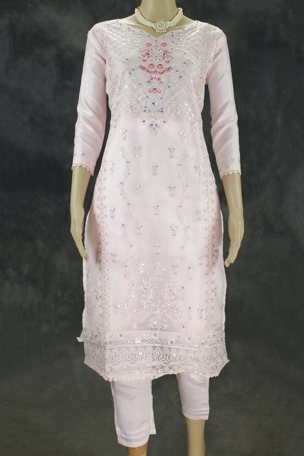 Light Pink Roman Silk 3-Piece Kurti Set with Organza Work Pant & Sequined Dupatta