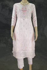 Light Pink Roman Silk 3-Piece Kurti Set with Organza Work Pant & Sequined Dupatta