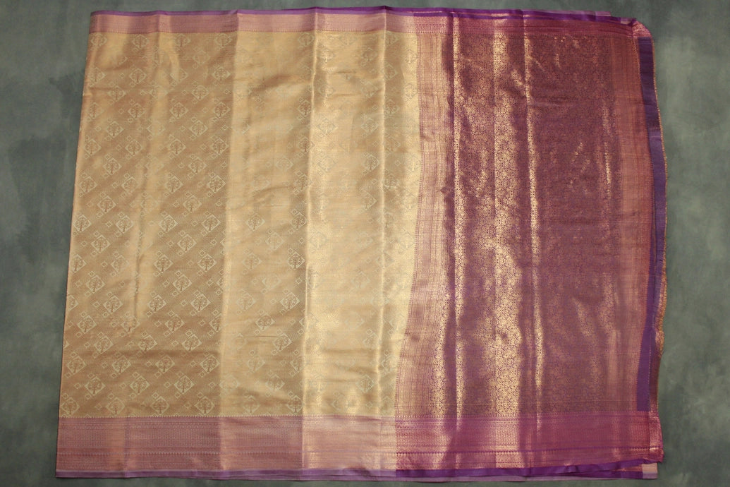 Cream Bridal Kubera Pattu Silk Saree with Grand Pallu & Full Body Zari Work, Comes with Blouse