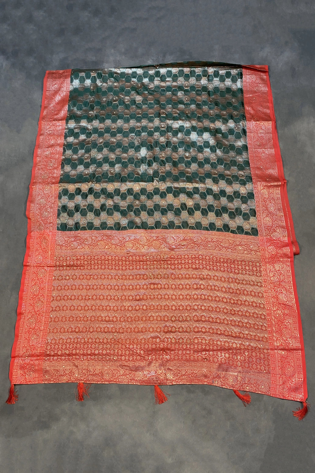 Bottle Green Cotton Organza Designer Saree with Floral Pallu Stone Work, Red Border and Blouse