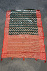 Bottle Green Cotton Organza Designer Saree with Floral Pallu Stone Work, Red Border and Blouse