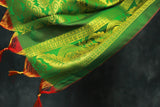 Green Zari Pattu Shawl with Traditional Border and Tassels for Pooja, Events and Functions
