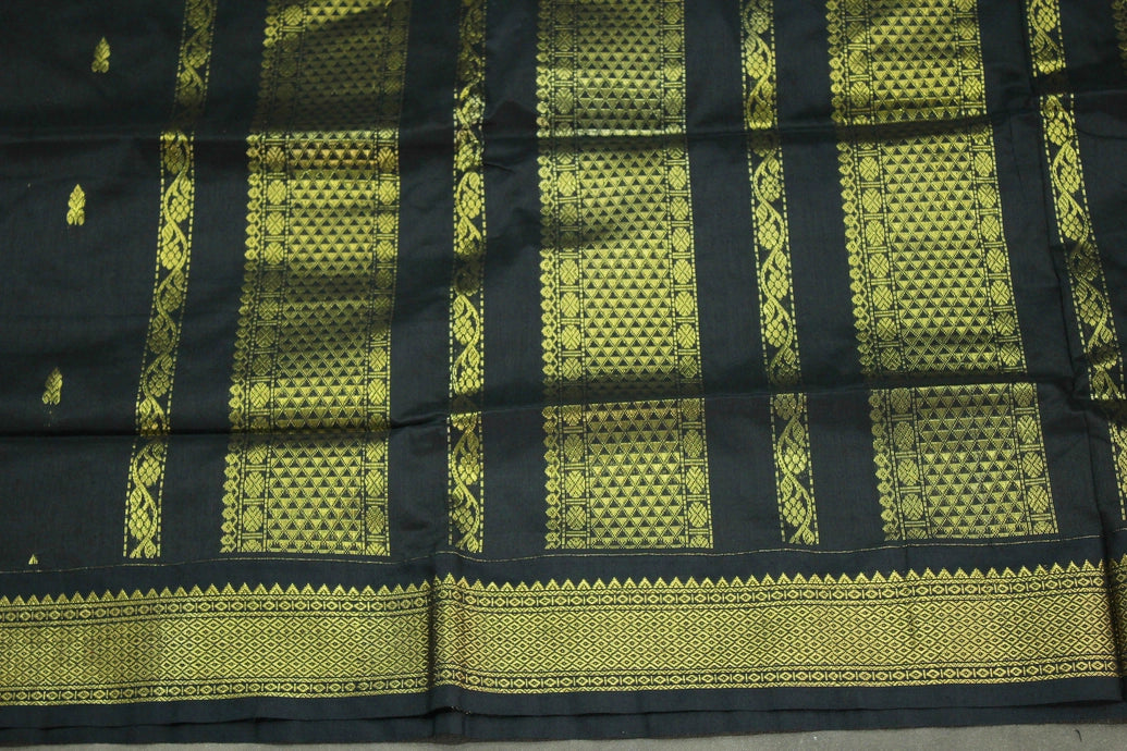 Black Kalyani Cotton Saree with Putta Design and Zari Border, Blouse Included