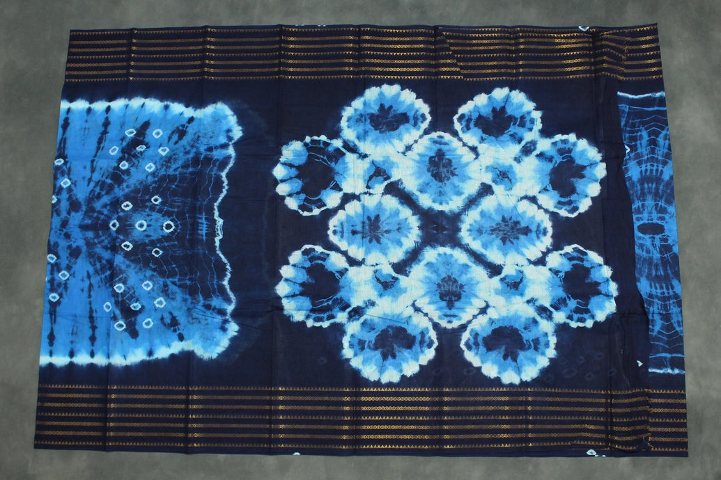 Sungudi Cotton Bandhani Saree in Blue with Golden Zari Striped Border