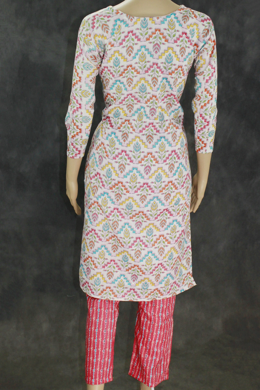 Cotton Printed Kurta Set – Cream Multicolor Kurti with Red Elastic Pants