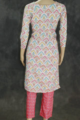 Cotton Printed Kurta Set – Cream Multicolor Kurti with Red Elastic Pants