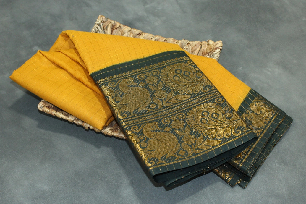 Mustard Yellow Sungudi Cotton Saree with Peacock Gold Zari Double Border