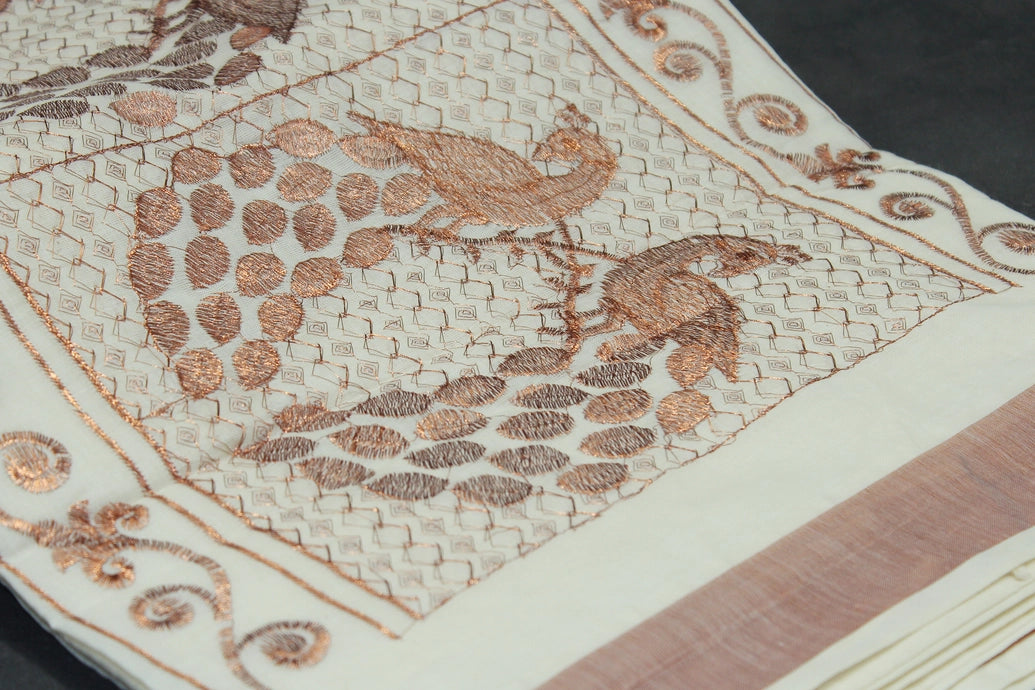 Pure Kerala Cotton Saree with Copper Zari Peacock Embroidery - White
