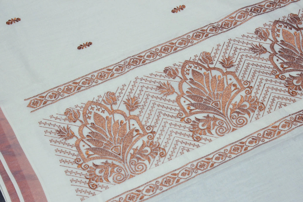 Pure Kerala Cotton White Saree with Copper Zari Peacock Embroidery and Blouse Piece