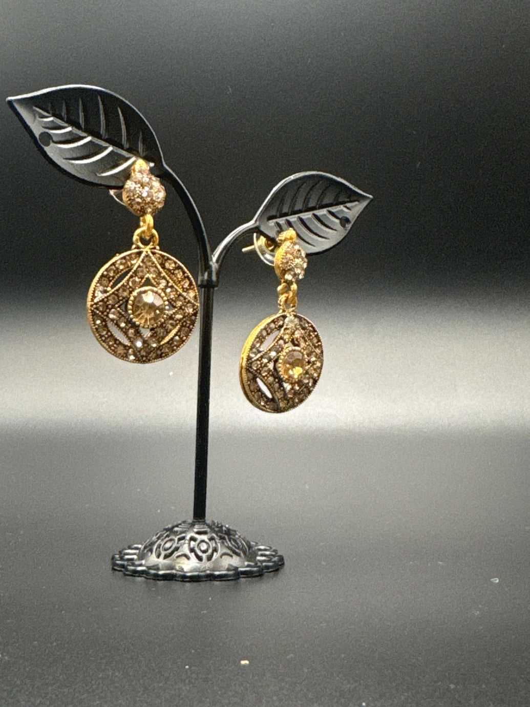 Antique Gold-Tone Round Dangler Stone Earrings - 1.5 inch