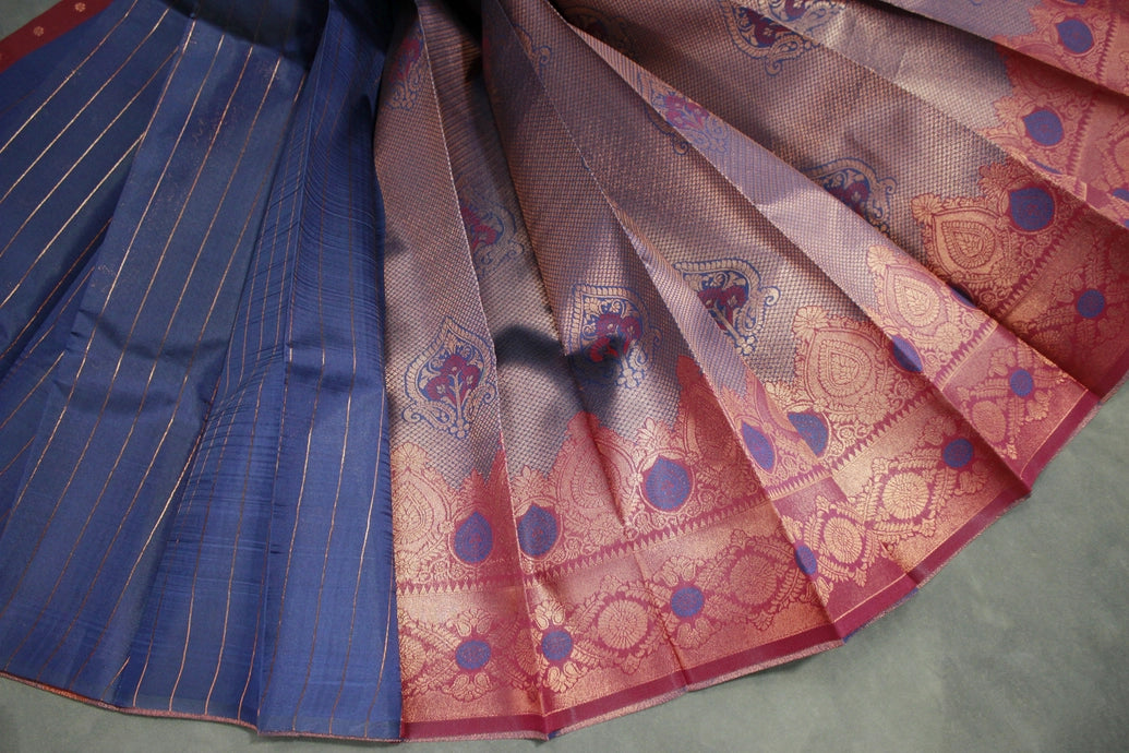Navy Blue Kubera Pattu Silk Saree with Traditional Border and Blouse Piece | Semi Silk