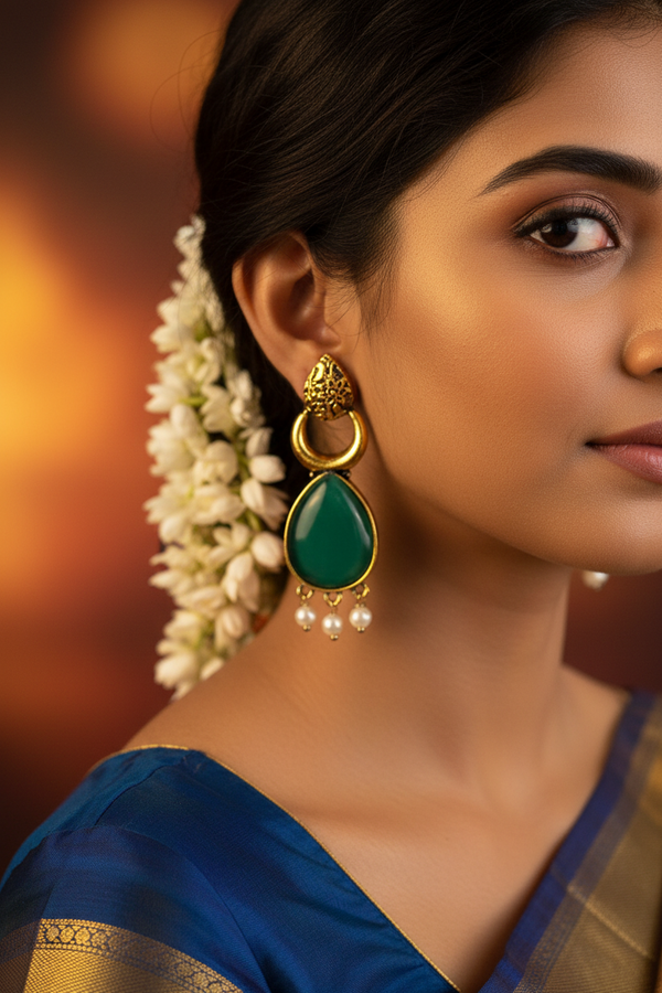 Gold-Tone Green Teardrop Earrings with Pearl Drops — Ethnic Fashion Jewellery