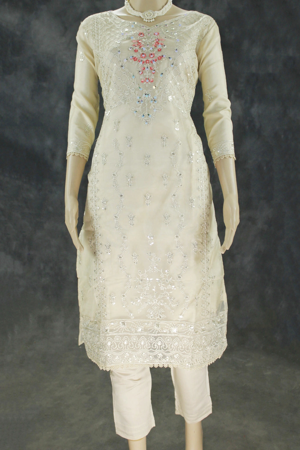 Sandal Roman Silk 3-Piece Kurti Set with Organza Work Top, Elastic Pant & Embroidered Dupatta