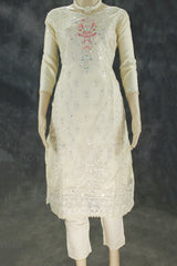 Sandal Roman Silk 3-Piece Kurti Set with Organza Work Top, Elastic Pant & Embroidered Dupatta