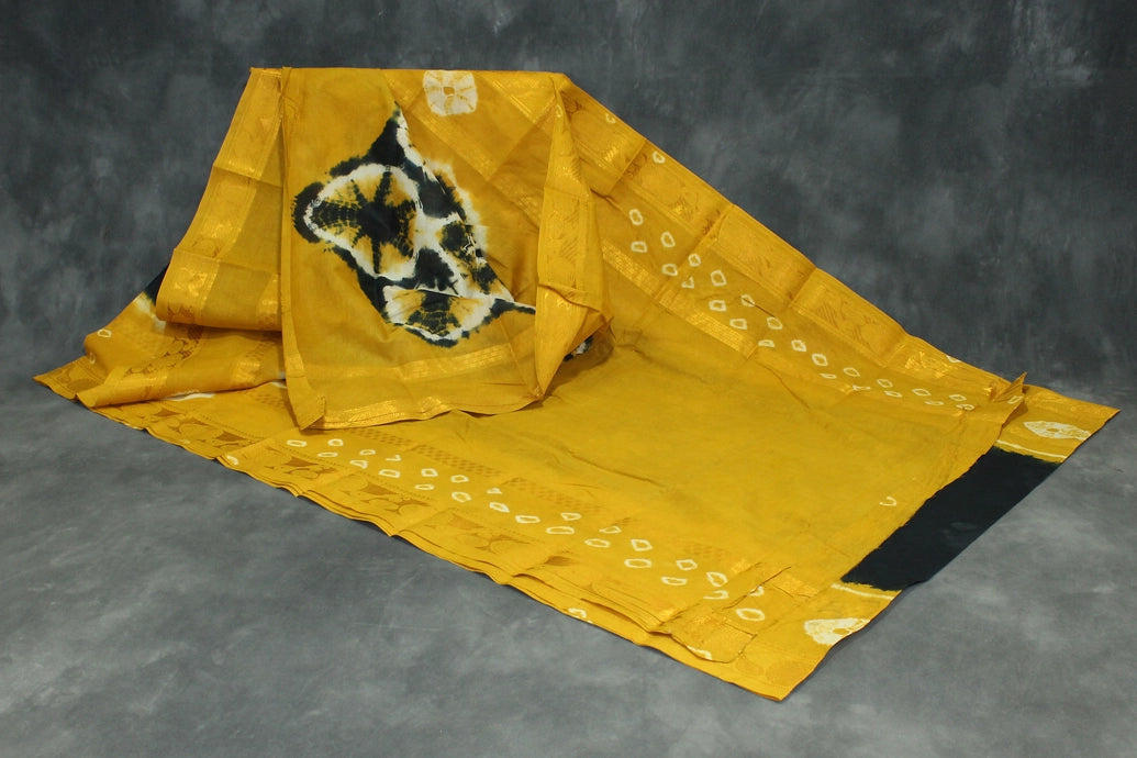 Pure Sungudi Bandhani Saree with Golden Zari Border - Dark Green & Mustard Tie-Dye Saree JCS Fashions