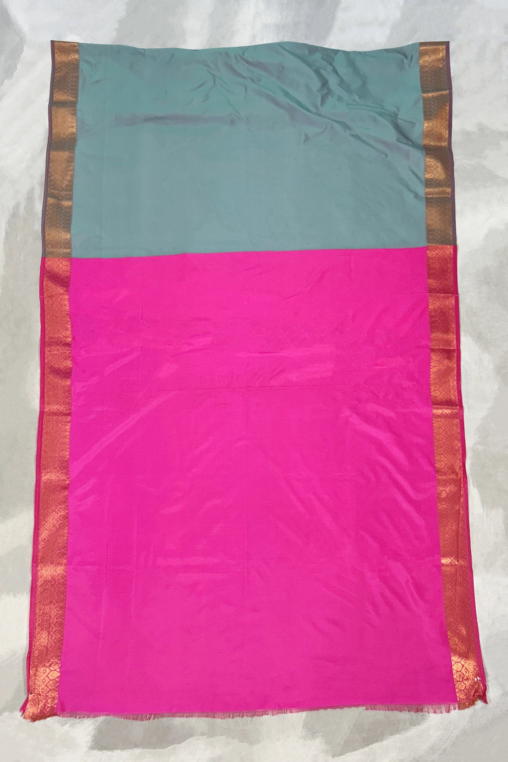 Soft Silk Saree in Grey with Contrast Pink Border, Gold Zari Buttas & Traditional Floral Weave