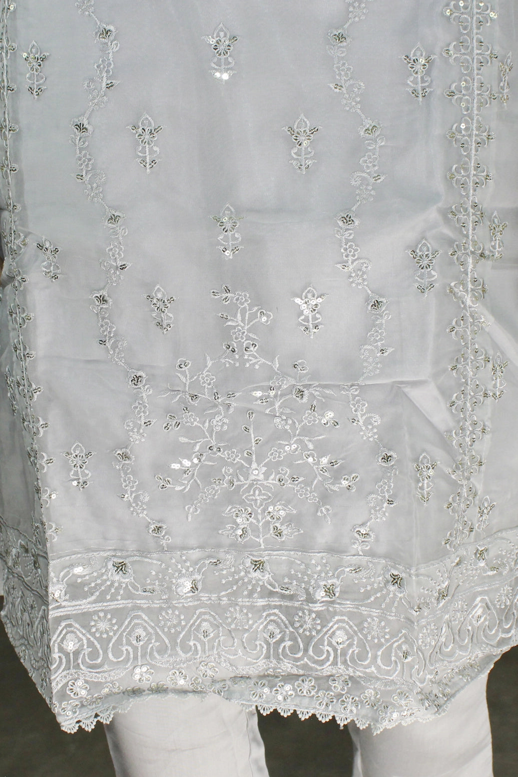 Gray Roman Silk 3-Piece Kurta Set with Organza Embroidered Top, Elastic Pants & Border Dupatta