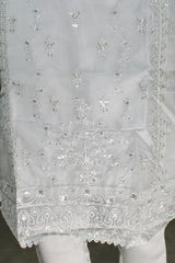 Gray Roman Silk 3-Piece Kurta Set with Organza Embroidered Top, Elastic Pants & Border Dupatta