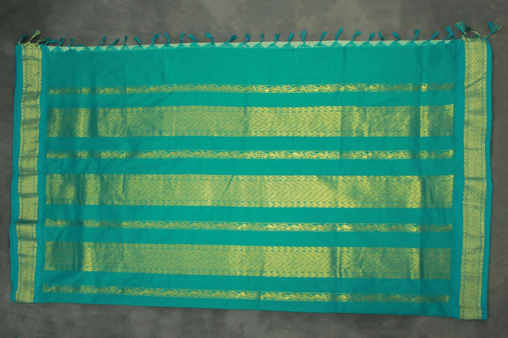 Mint Blue Kalyani Cotton Saree with Puttas and Zari Border & Blouse