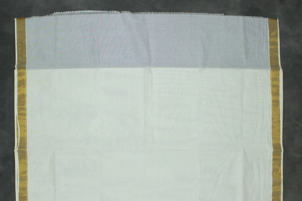 Pure Kerala Cotton White Saree with Gold Zari Border and Blue Peacock Embroidery - Blouse Included