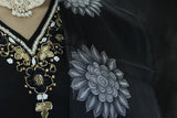 Black Silk 3-Piece Pakistani Salwar Suit with Embroidered V-Neck and Organza Dupatta