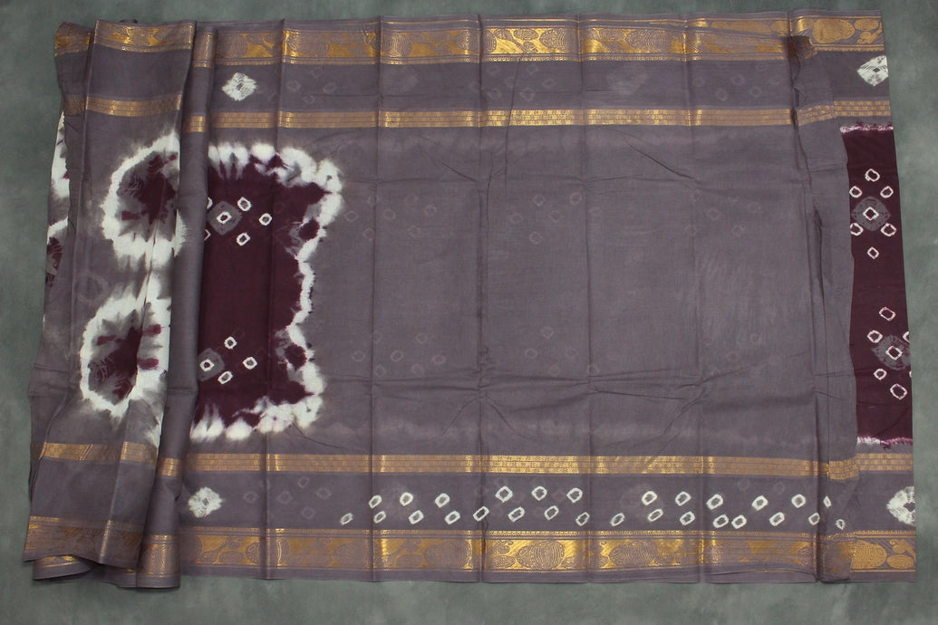 Purple Pure Sungudi Cotton Saree with Bandhani Tie-Dye and Golden Zari Traditional Motif Border Saree JCS Fashions