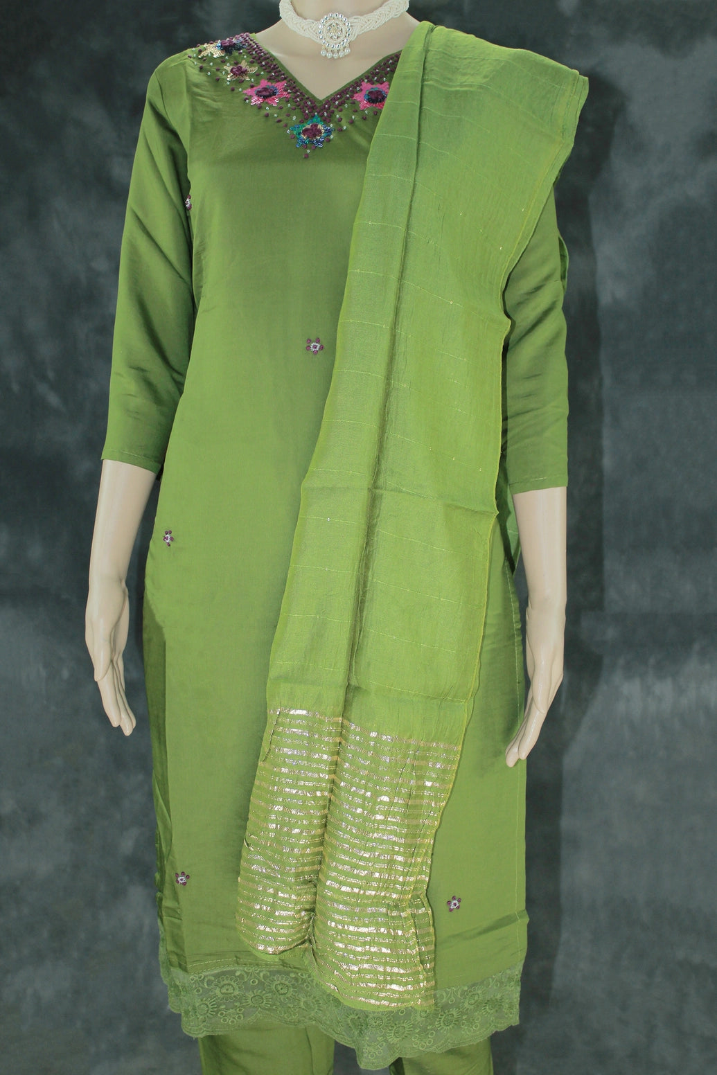 Mehendi Green Rayon Silk 3-Piece Kurti Set with Lined Elastic Pant & Zari Cotton Dupatta