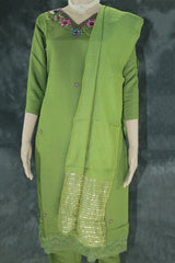 Mehendi Green Rayon Silk 3-Piece Kurti Set with Lined Elastic Pant & Zari Cotton Dupatta