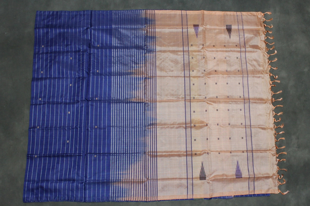 Vaazhai Naar (Banana Pith) Navy Blue & Peach Borderless Saree with Small Butta