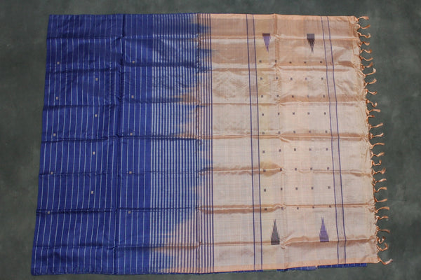 Vaazhai Naar (Banana Pith) Navy Blue & Peach Borderless Saree with Small Butta
