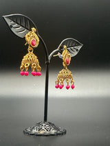 Antique Leaf-Design Jhumka Earrings for Women — Gold-Tone Traditional Jhumkas with Colour Bead Drops Jewelry JCS Fashions